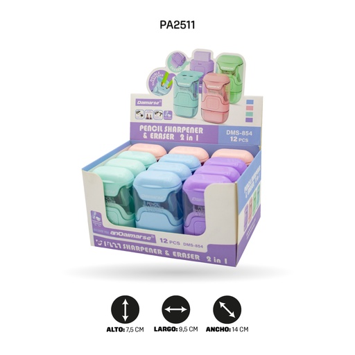 [PA2511] SACAPUNTAS DOBLE CON BORRADOR COLOR PASTEL DISPLAY X12 UNDS DMS-854 [PAC4872]