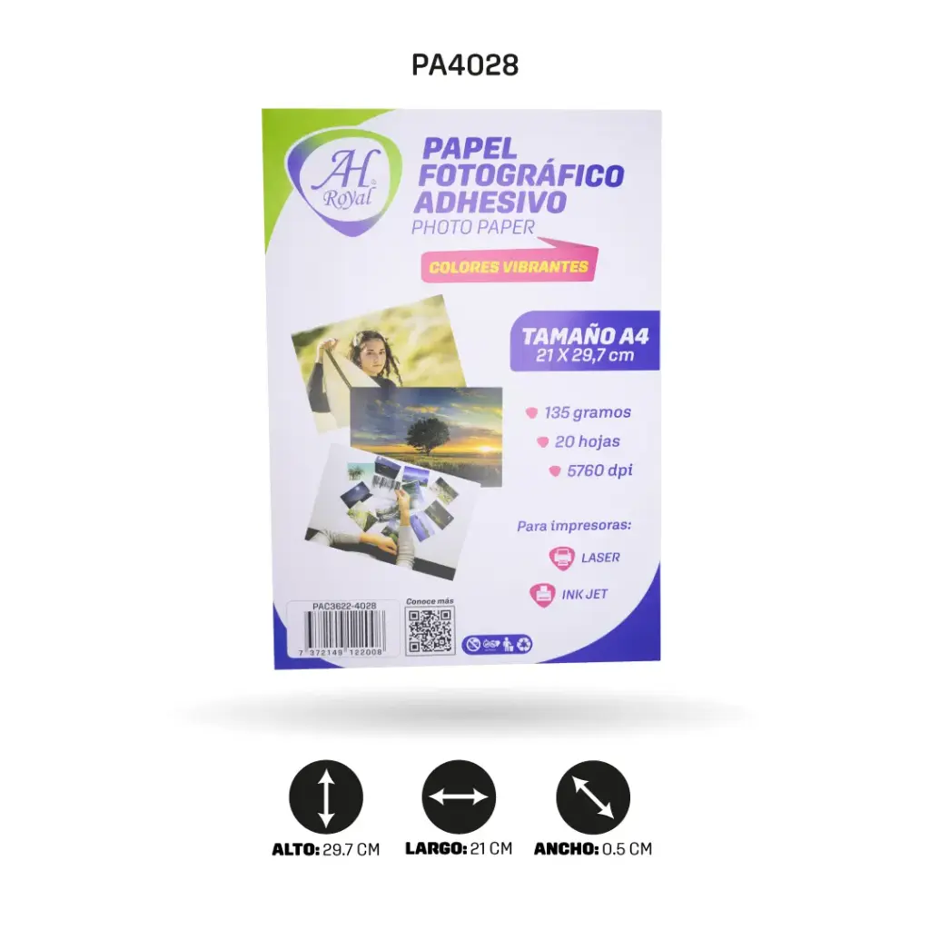 PAPEL FOTOGRAFICO AHROYAL A4 ADHESIVO 135GRS X 20 HOJAS [PAC3622-4028]