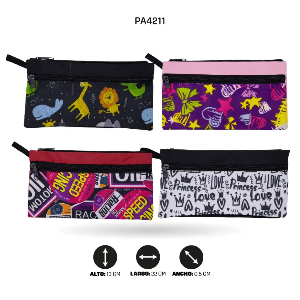 CARTUCHERA ESTAMPADA DOS BOLSILLO CON TIRA FINA 