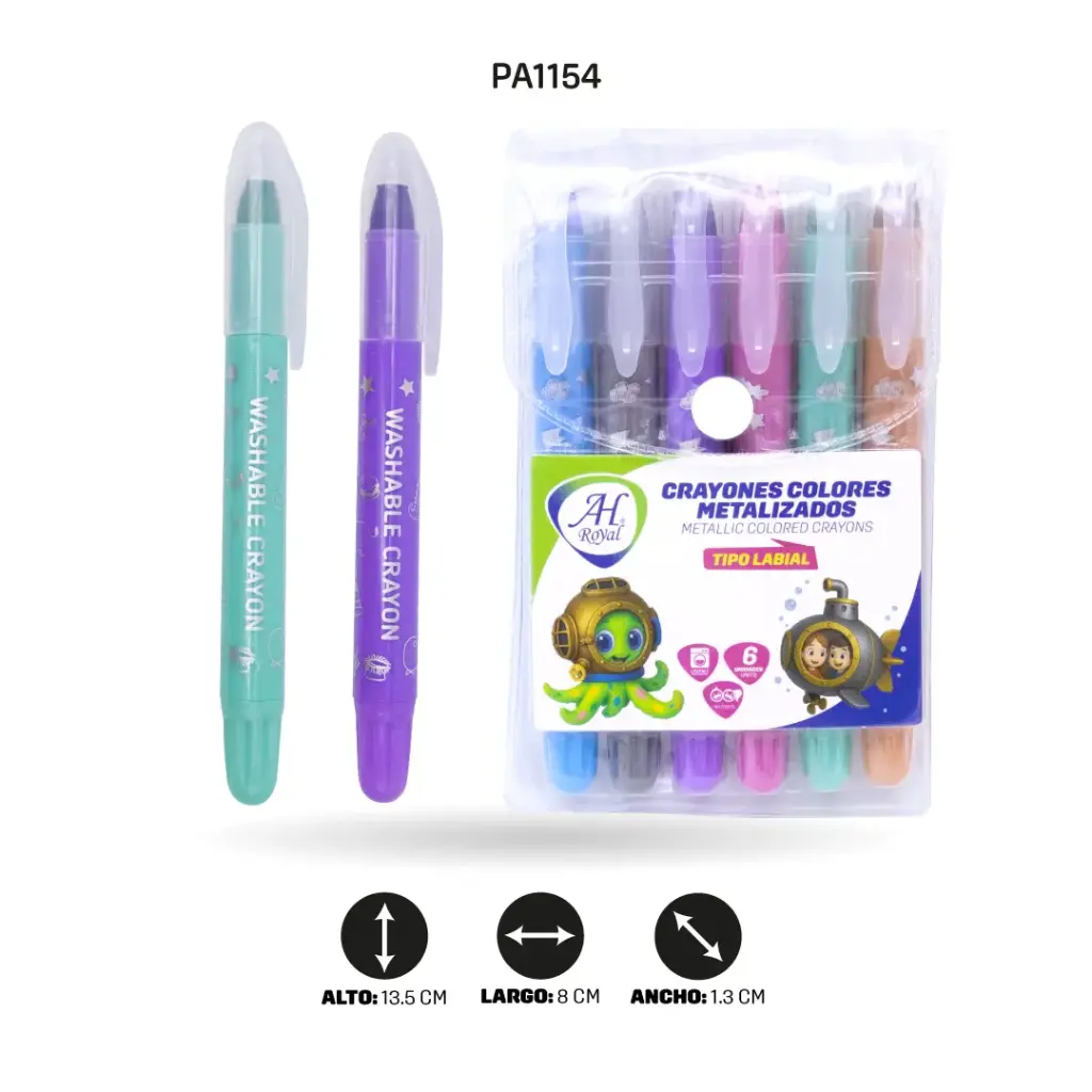 CRAYÓN AH ROYAL TIPO LABIAL X6 LAVABLE COLORES METALIZADOS [PAC4063]