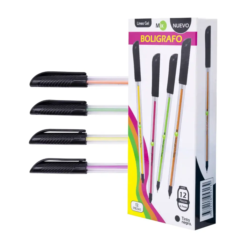 BOLIGRAFO MIX LINEA GEL 0.7 REDONDO DISPLAY X12 TINTA NEGRA CON MINA DE COLORES [PAC1585]
