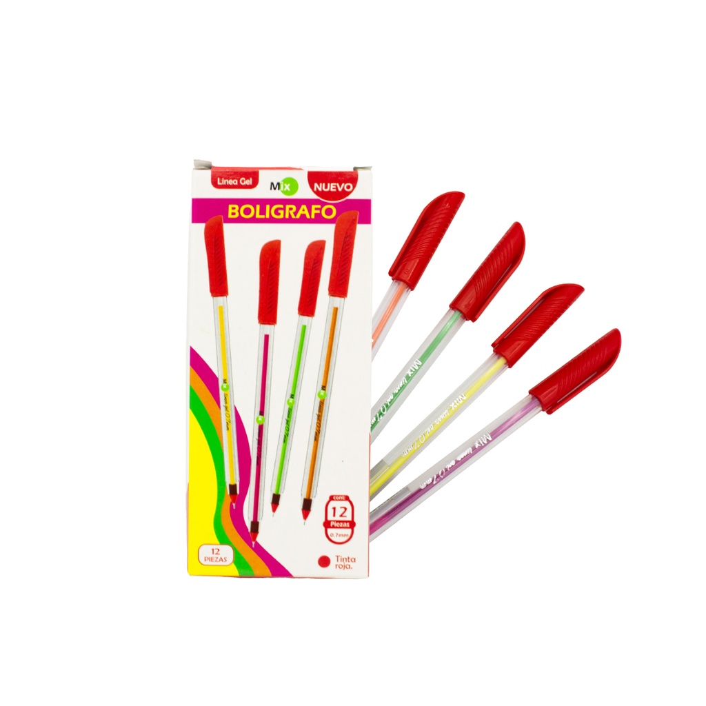 BOLIGRAFO MIX LINEA GEL 0.7 REDONDO X12 TINTA ROJA CON MINA DE COLORES X 12 (PAC1586) [PAC1586]