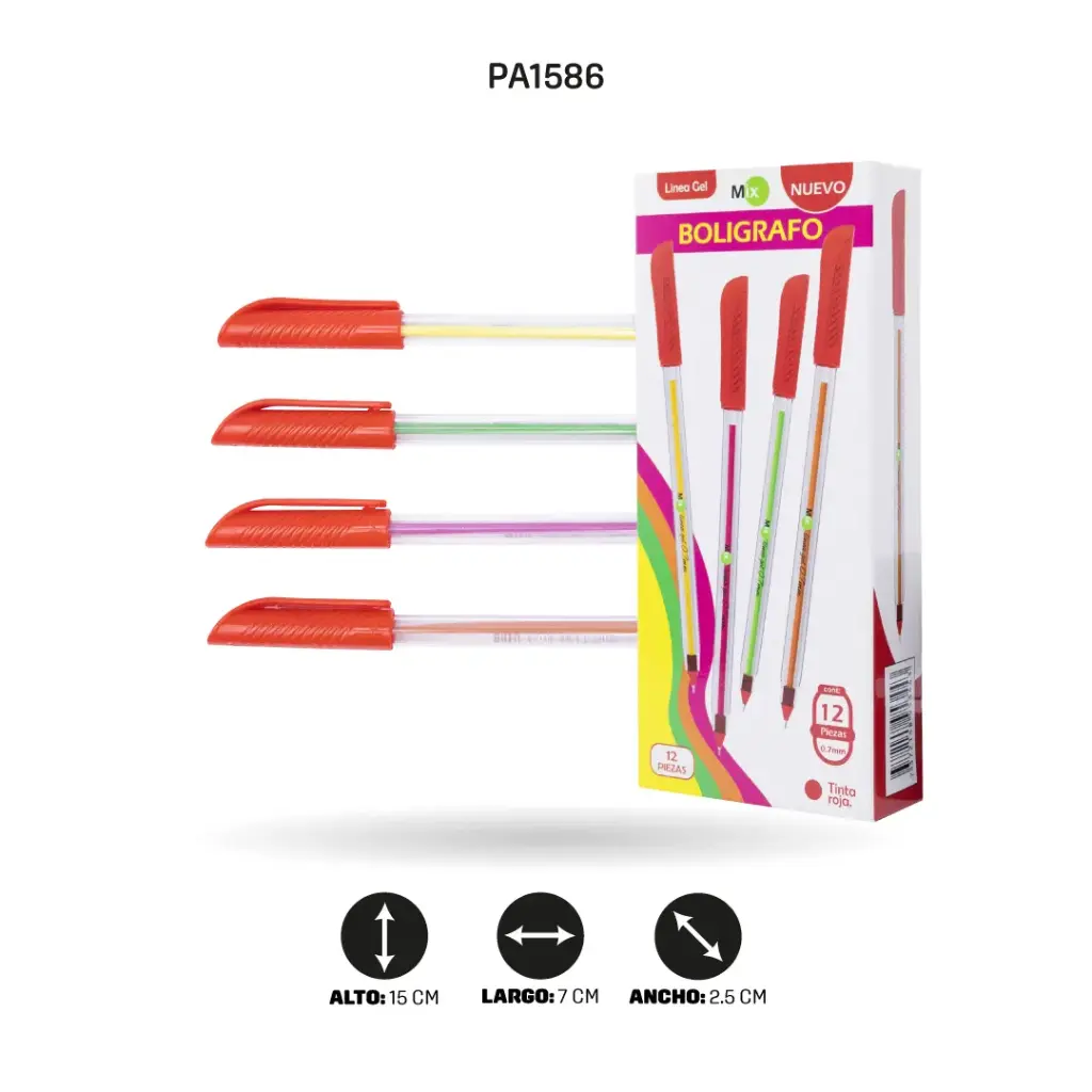 BOLIGRAFO MIX LINEA GEL 0.7 REDONDO X12 TINTA ROJA CON MINA DE COLORES X 12 (PAC1586) [PAC1586]