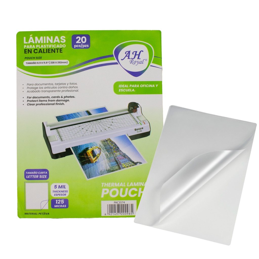 LAMINAS AHROYAL CARTA PARA PLASTIFICADO 2OPCS 228X292MM X125MCRS [PAC3574]