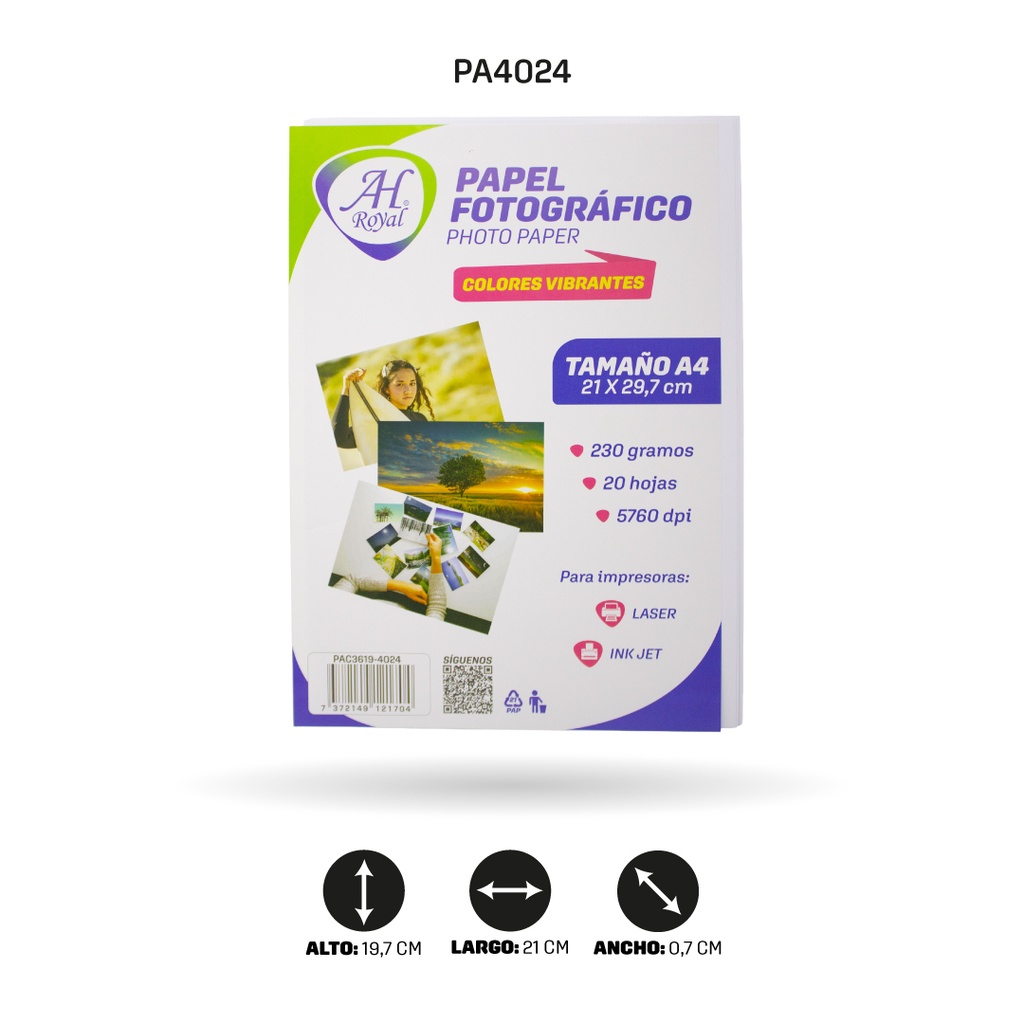 PAPEL FOTOGRAFICO AH ROYAL A4 230 GRA X20 HOJAS [PAC3619-4024]