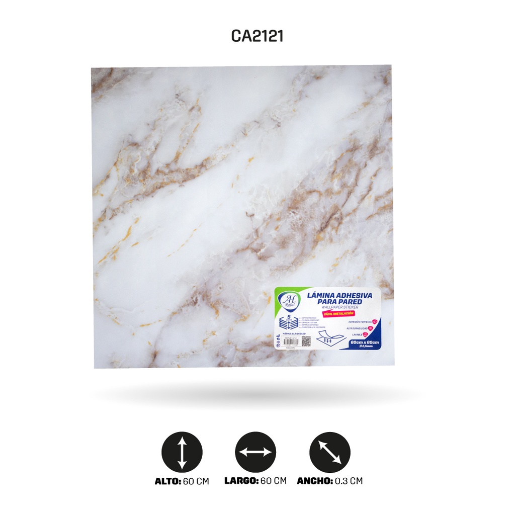 LÁMINA ADHESIVA PARA PARED MÁRMOL BLANCO DORADO X10 UND 60CM FC7021 [PAC5461]