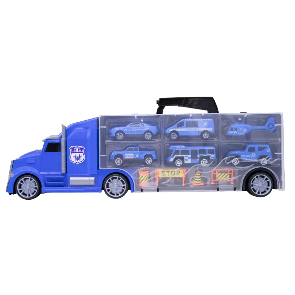 CAMION DE TRANSPORTE CON 6 VEHICULOS DE POLICIA Y ACCESORIOS [666-02K]