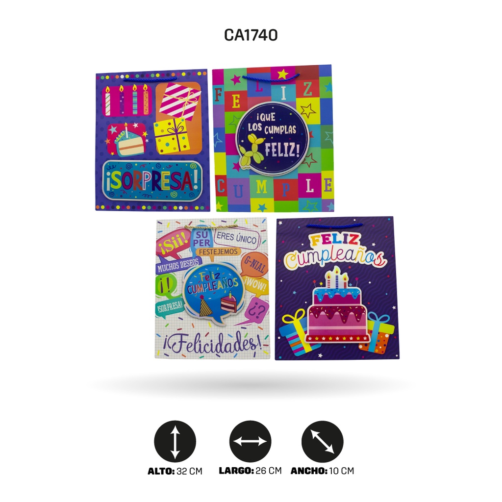BOLSA REGALO 3D FELIZ CUMPLEAÑOS SORPRESA DISPLAY X12 UND  26x32x10cm 210grs YM-2017-M [PAC5153]