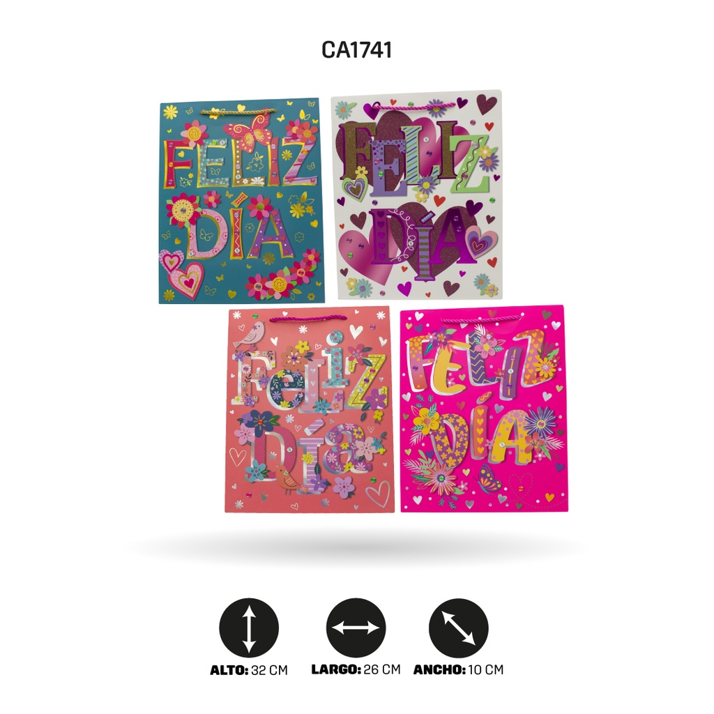 BOLSA REGALO 3D FELIZ DIA DISPLAY X12 UND 26x32x10cm 210grsYM-1828-M [PAC5154]