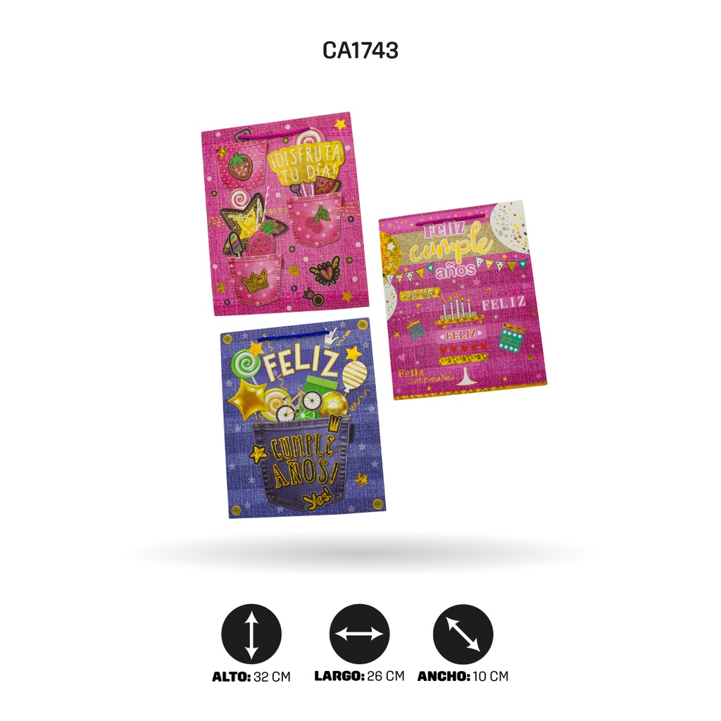 BOLSA REGALO 3D FELIZ CUMPLEAÑOS DISPLAY X12 UND 3 MOTIVOS 26x32x10cm 210grsYM-1928-M [PAC5156]