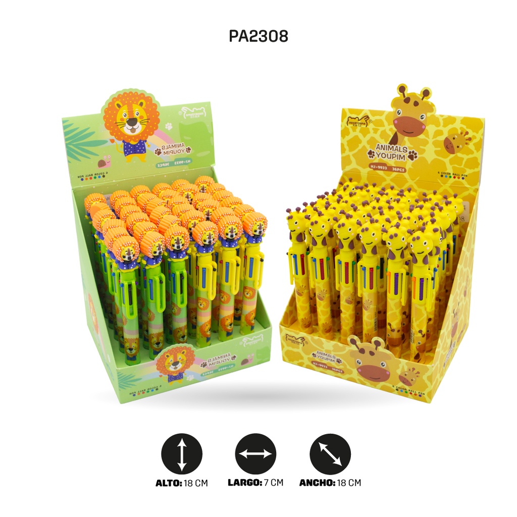 BOLIGRAFO DE JIRAFA Y LEÓN, MINA DE 6 COLORES HJ-9933/933 LEON-GIRAFA DISPLAY X 36 [PAC4577]