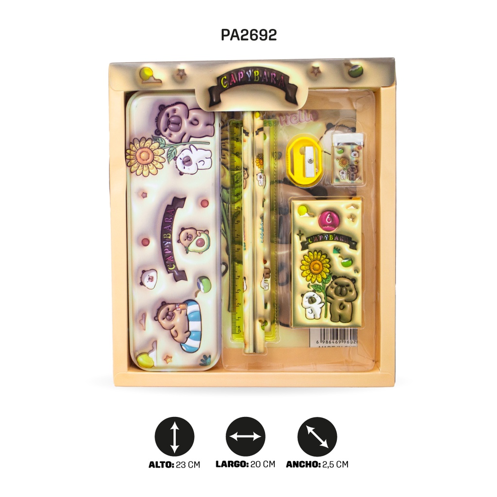 ESTUCHE LAPIZ, REGLA, SACAPUNTA,  BORRADOR CAPYBARA YC-8015 [PAC5796]