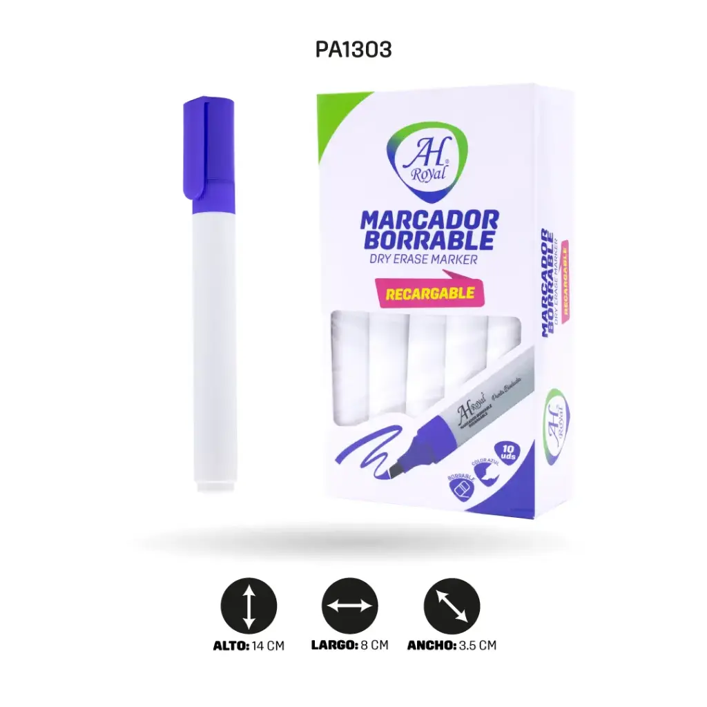MARCADOR AH ROYAL BORRABLE AZUL RECARGABLE DISPLAY X 10 UND [PA1303]
