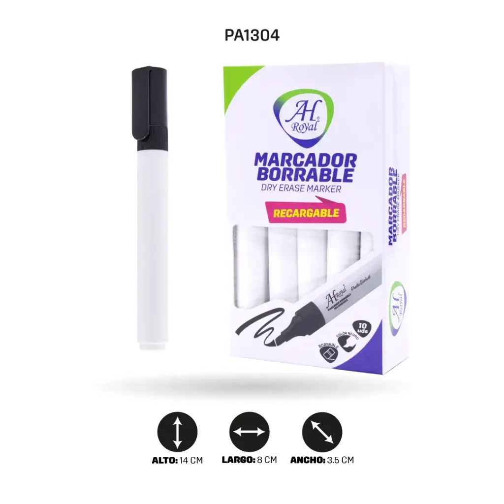 MARCADOR AH ROYAL BORRABLE NEGRO RECARGABLE X 10 UND [PA1304]