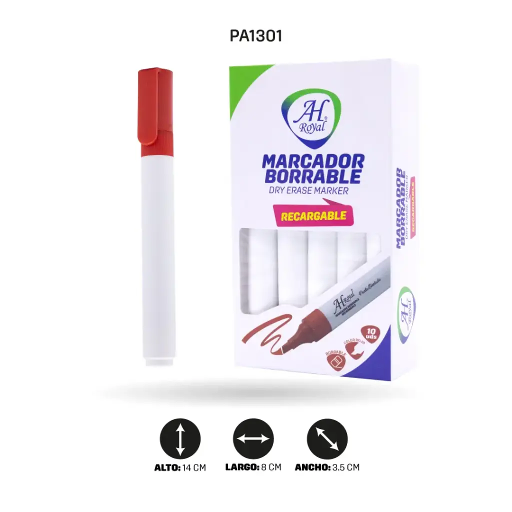 MARCADOR AH ROYAL BORRABLE ROJO RECARGABLE DPS X 10 UND [PA1301]