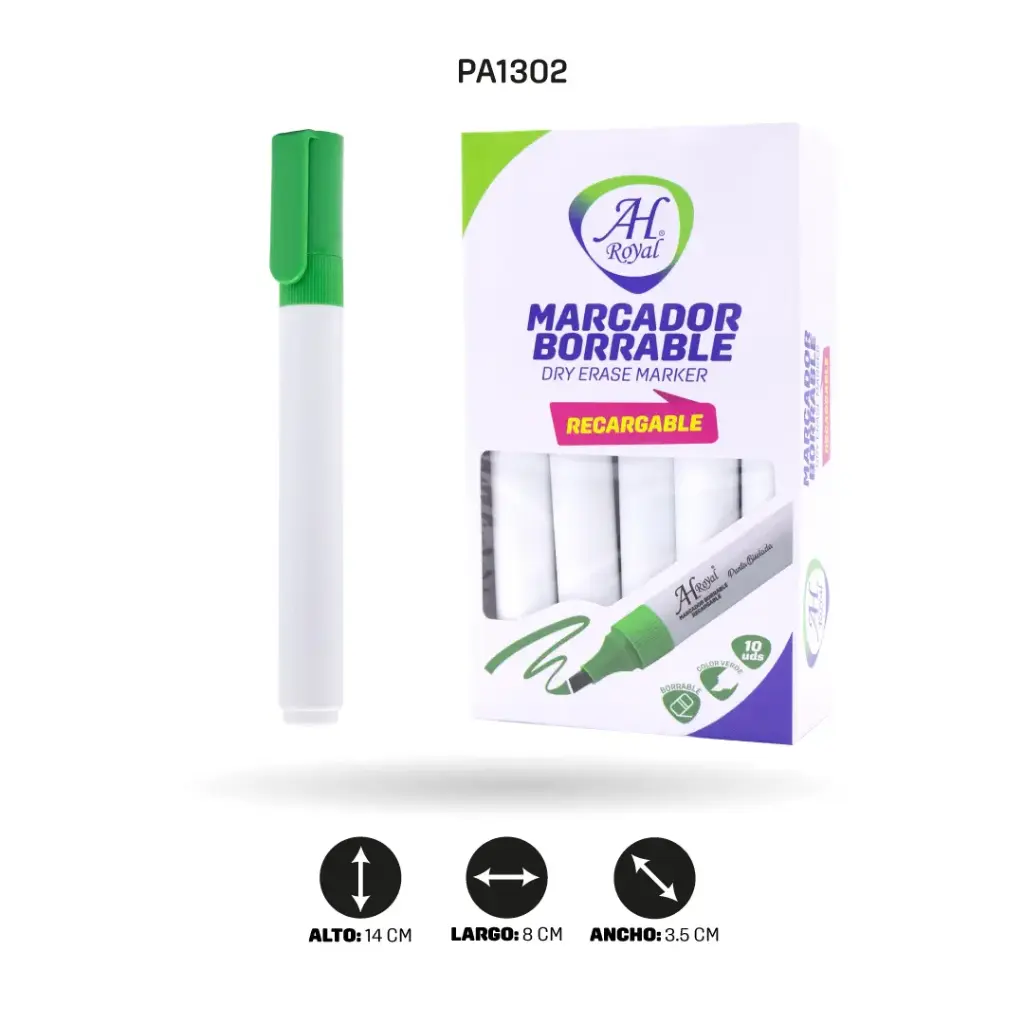 MARCADOR AH ROYAL BORRABLE VERDE RECARGABLE  DISPLAY X 10 UND [PA1302]