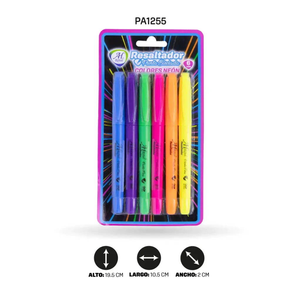 RESALTADOR AH ROYAL PUNTA BISELADA COLOR NEÓN  SET X 6 UND [PA1255]