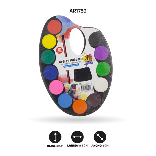 [AR1759] PALETA ARTISTICA O ACUARELA GRANDE X 12 COLORES  [PAC2391-17591]