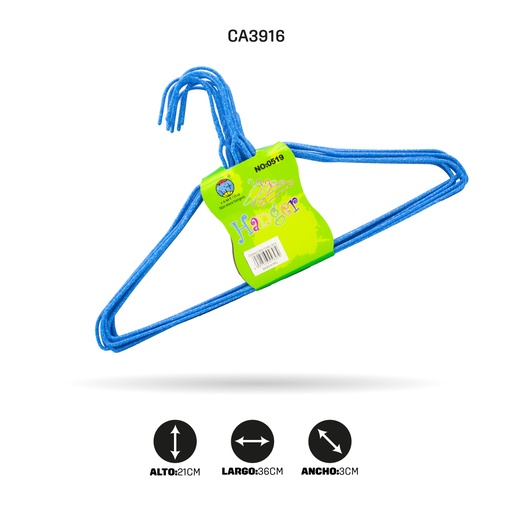 [CA3916] GANCHO DE ROPA METÁLICO PLASTIFICADO GRUESO SET X10 [PAC70349-3916]