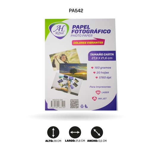 PAPEL FOTOGRÁFICO AH ROYAL CARTA 160GRAMOS X 20 HOJAS [PAC2710-542][PAC7337]