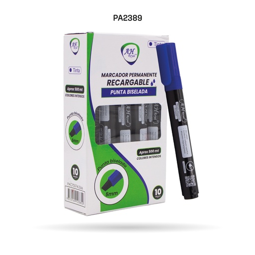 [PA2389] MARCADOR AH ROYAL BISELADO PERMANENTE RECARGABLE X 10 UND AZUL