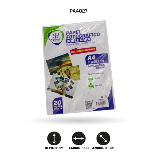 [PA4027] PAPEL FOTOGRAFICO AH ROYAL A4 DOBLE CARA 140GRS X 20 HOJAS [PAC3621-4027]