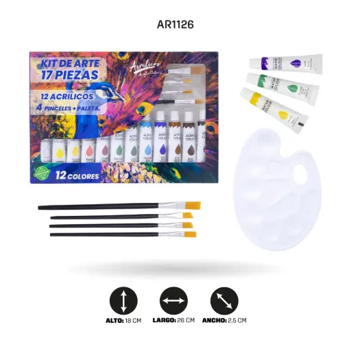 [AR1126] KIT DE ARTE AHROYAL 17 PIEZAS 12ACRÍLICOS +4PINCELES [PAC3487]