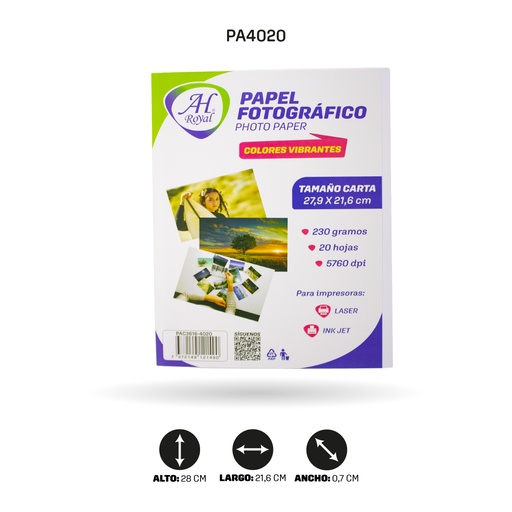 [PA4020] PAPEL FOTOGRAFICO AH ROYAL CARTA 230GRAMOS X 20 HOJAS (PAC3616-4020]