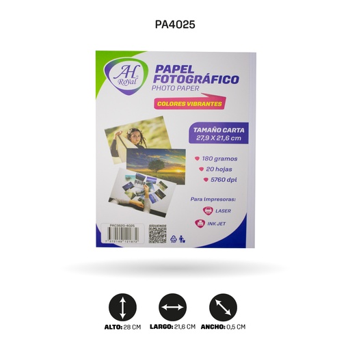 [PA4025] PAPEL FOTOGRÁFICO AH ROYAL CARTA 180GRAMOS X 20 HOJAS X [PAC3620-4025]