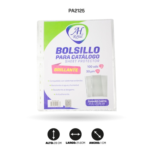 [PA2125] BOLSILLO  CATALOGO AH ROYAL CARTA TRANSPARENTE 100UND 3MIC [PAC4782-2125]