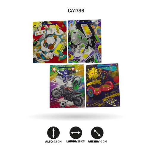 [CA1736] BOLSA REGALO 3D, SKATE URBAN DISPLAY X12 UND 26x32x10cm 210 grs YM-1951-M MOTO [PAC5149]