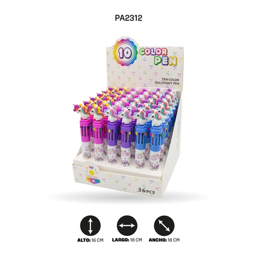 [PA2312] BOLIGRAFO DE UNICORNIO MINA DE 10 COLORES QM-910 DISPLEY X36 UND [PAC4580]