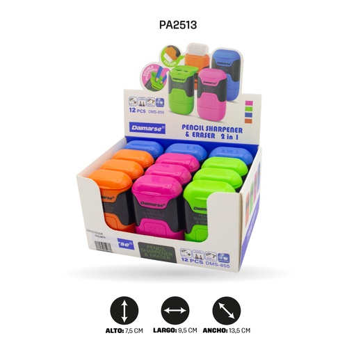 [PA2513] SACAPUNTAS DOBLE CON BORRADOR COLOR NEÓN DISPLAY X12 UNDDMS-855 [PAC4874]