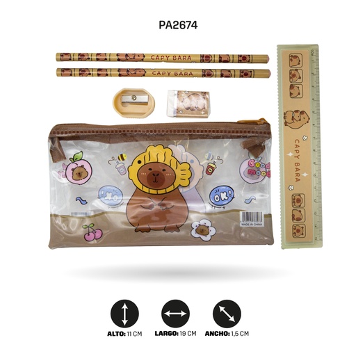 [PA2674] CARTUCHERA PLASTICA CAPYBARA +(2 LAPIZES, 1 REGLA, 1 SACAPUNTA, 1 BORRADOR) [PAC5783]
