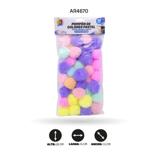 [AR4670] POMPONES DE ALGODÓN COLORES PASTEL 38MM X36 UNDS [PAC5897]