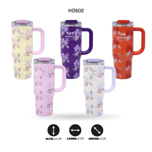 [HO502] TERMO 900ML ESTAMPADO FLORES sus 304 ZF-058 [PAC6503]