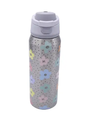 [HO5037] TERMO ACERO INOX. 800ML. DOBLE FONDO, DOBLE ALTERNATIVA AL BEBER DECORADO FLORES [PAC6491]